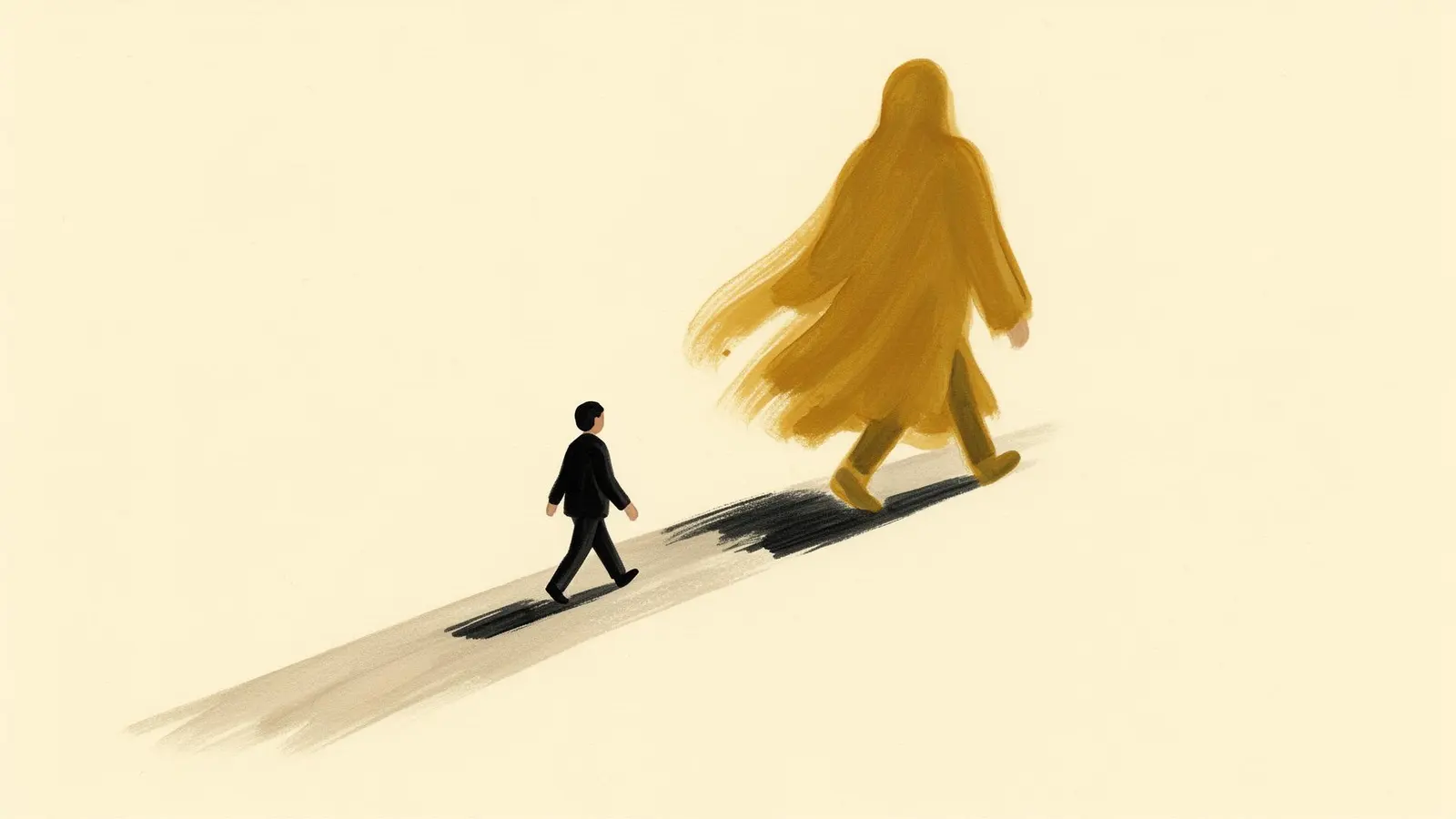 Ilustración editorial: una pequeña figura camina firme mientras una figura ámbar mucho mayor la sigue a ciegas, sobre fondo crema.