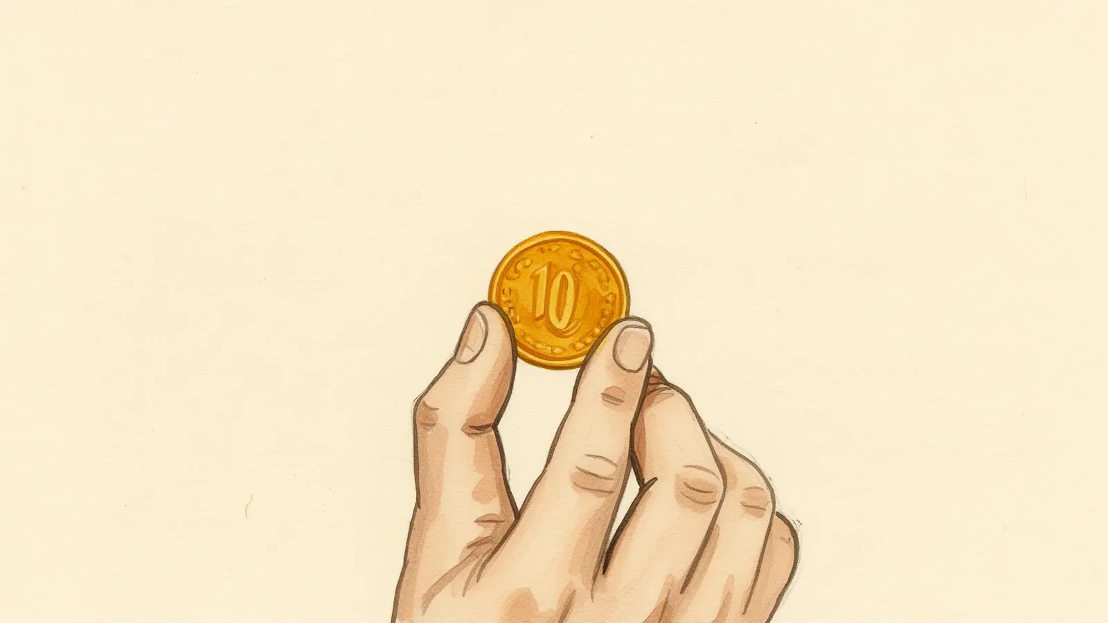 Ilustración editorial: unas manos sostienen con cuidado una pequeña moneda ámbar rodeada de inmenso espacio crema.