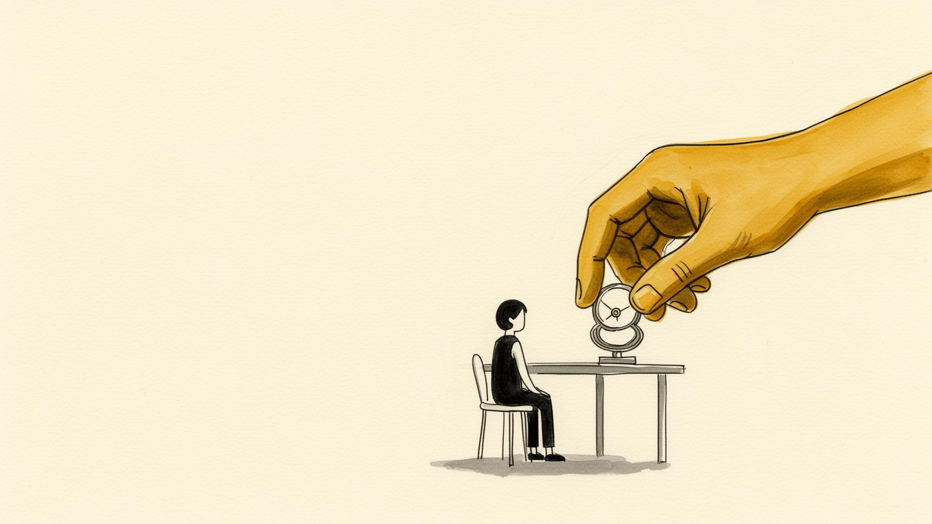 Ilustración editorial: una pequeña figura sentada a una mesa mientras una mano ámbar enorme deposita un objeto sobre el escritorio sin que se lo hayan pedido, sobre fondo crema.
